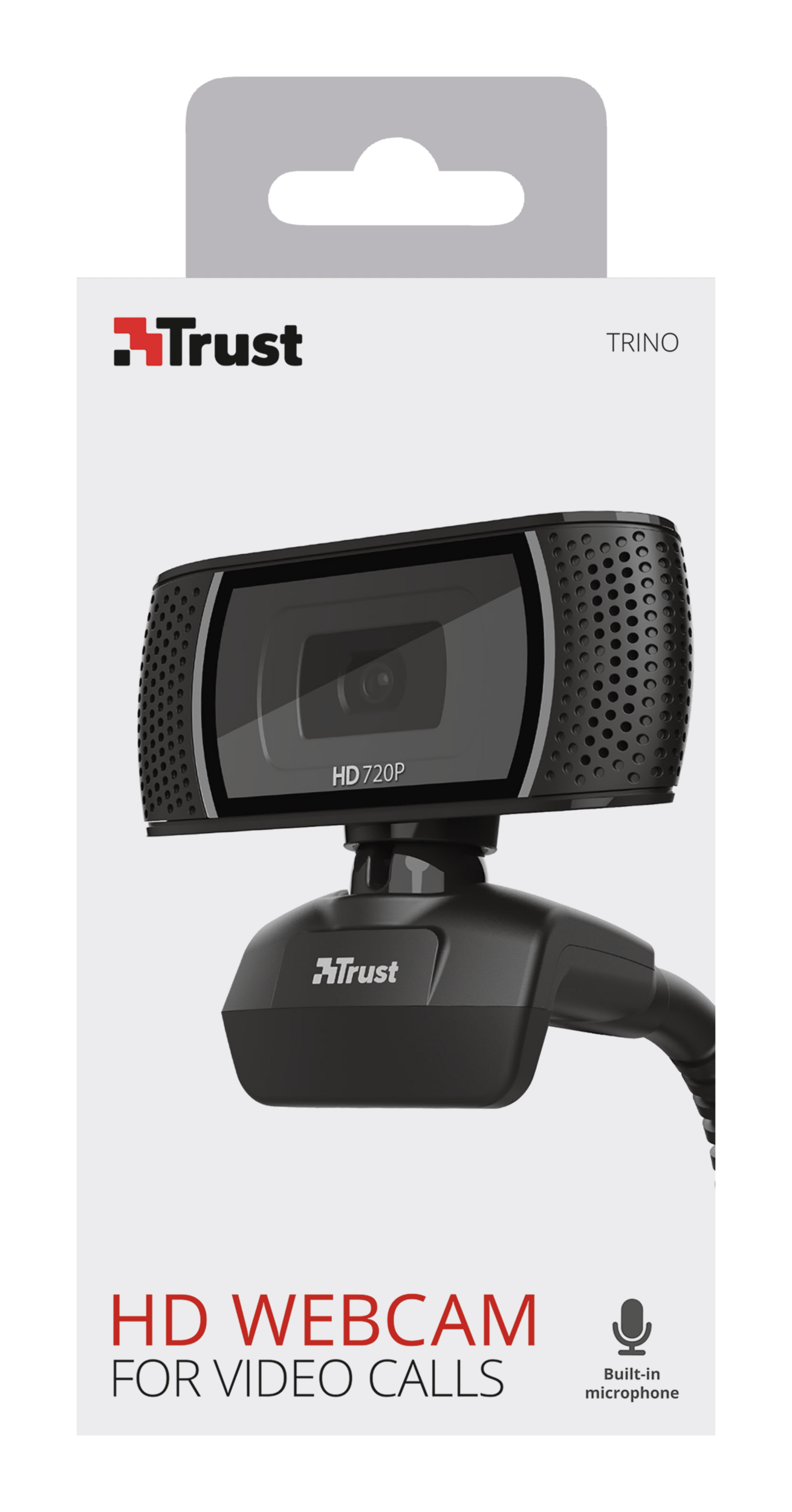 Webcam Trust Trino HD. Webcam noire dans une boîte avec une icône de microphone.