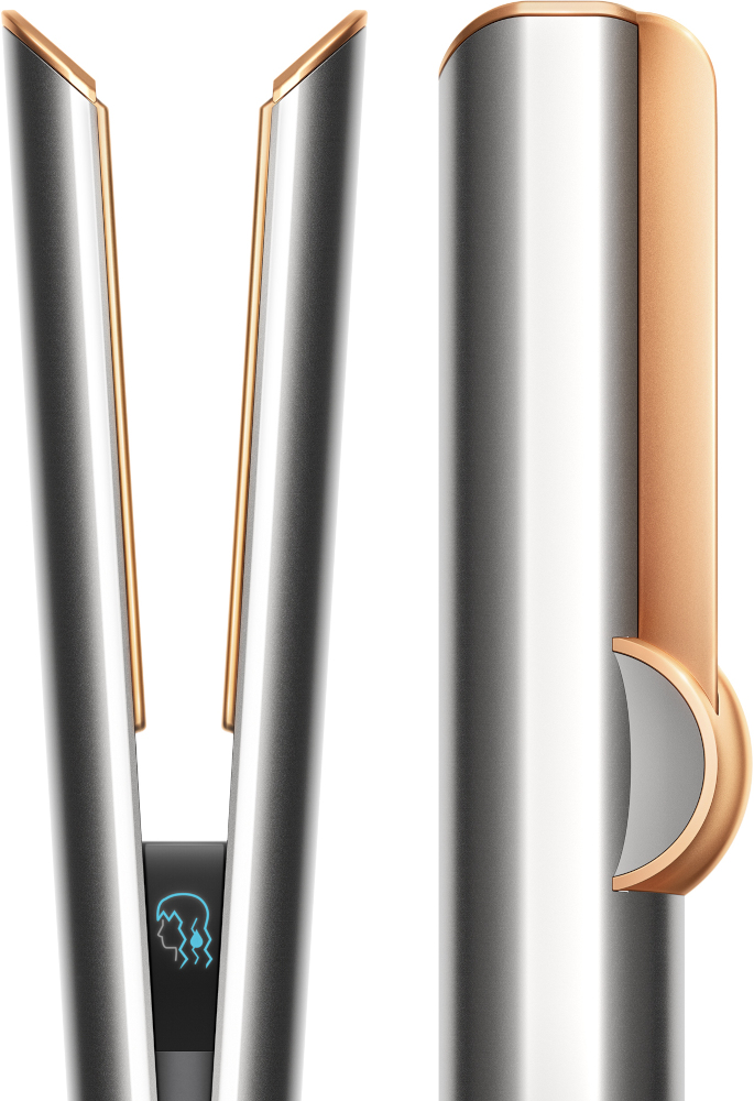 A silver and gold hair straightener, showing the plates and handle details.