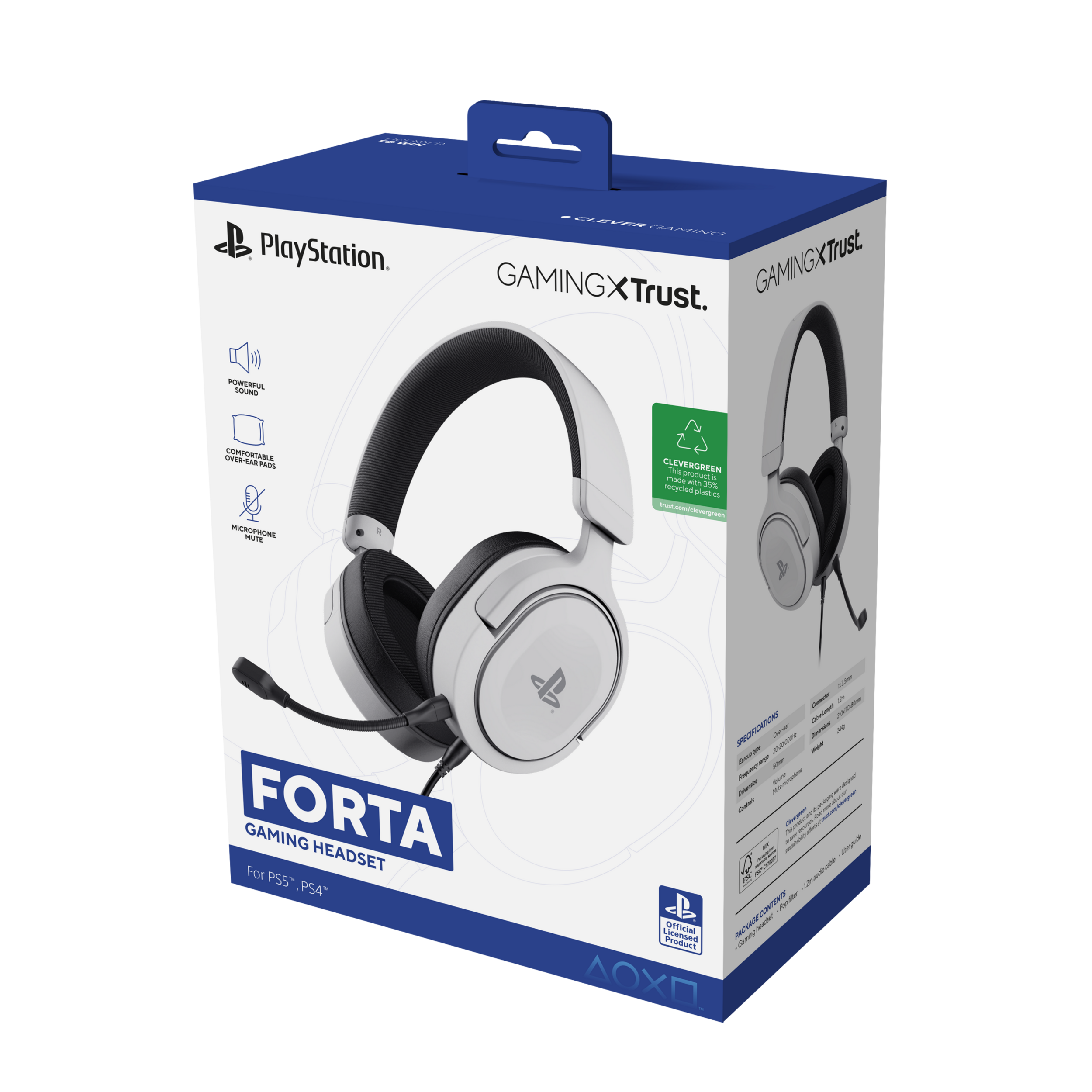 White and black gaming headset in a box. The box has the PlayStation and GamingXTrust logos.