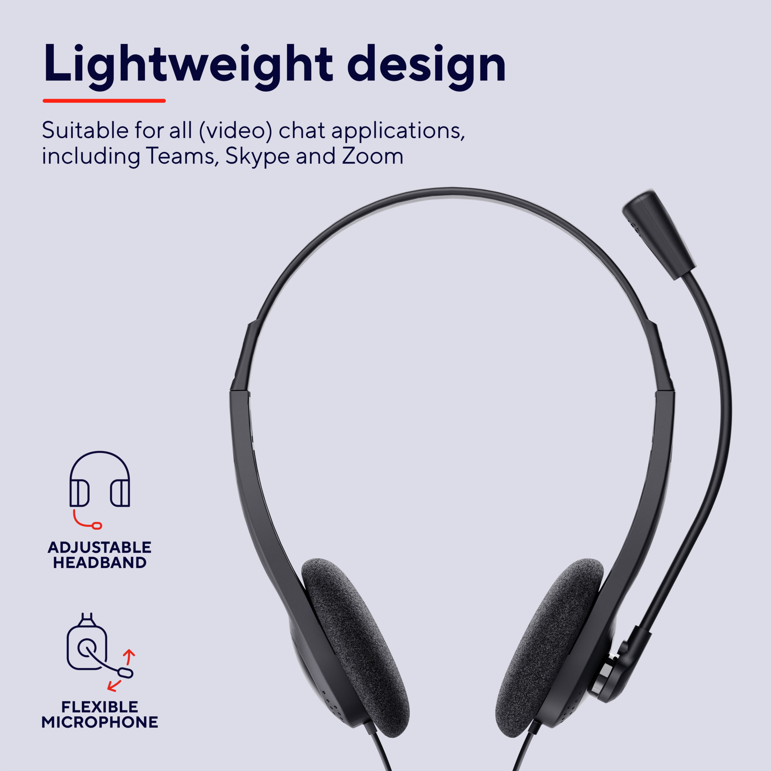 Black headset with adjustable headband and flexible microphone, suitable for chat apps.