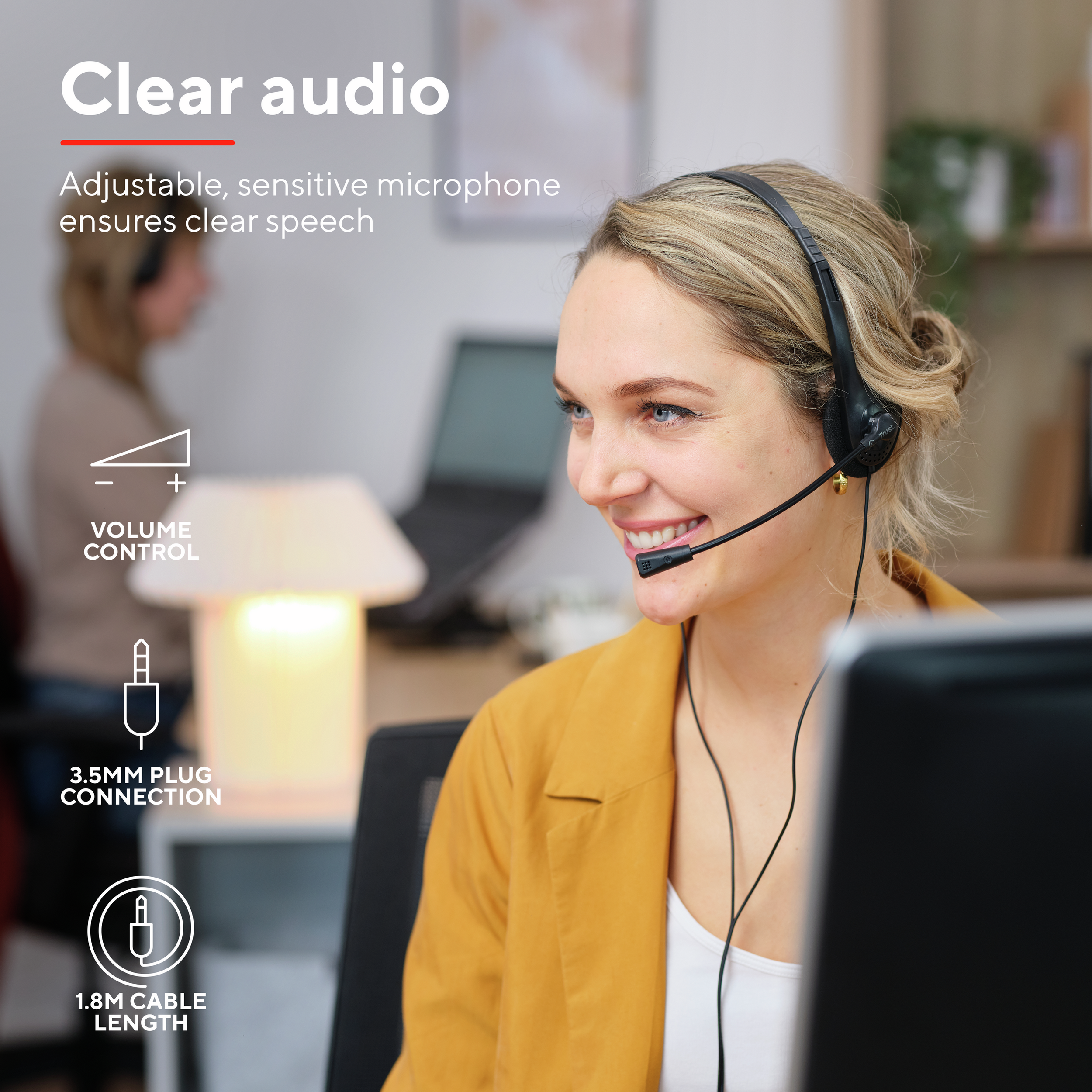 A person wearing a headset smiles. The image is promoting clear audio and volume control.