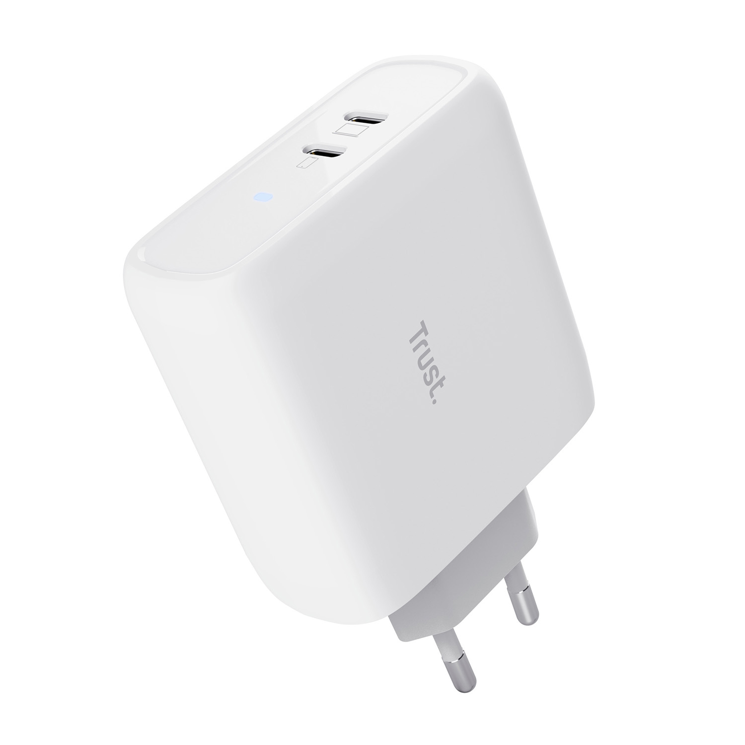 Un adattatore di alimentazione bianco con due porte USB e una spina.