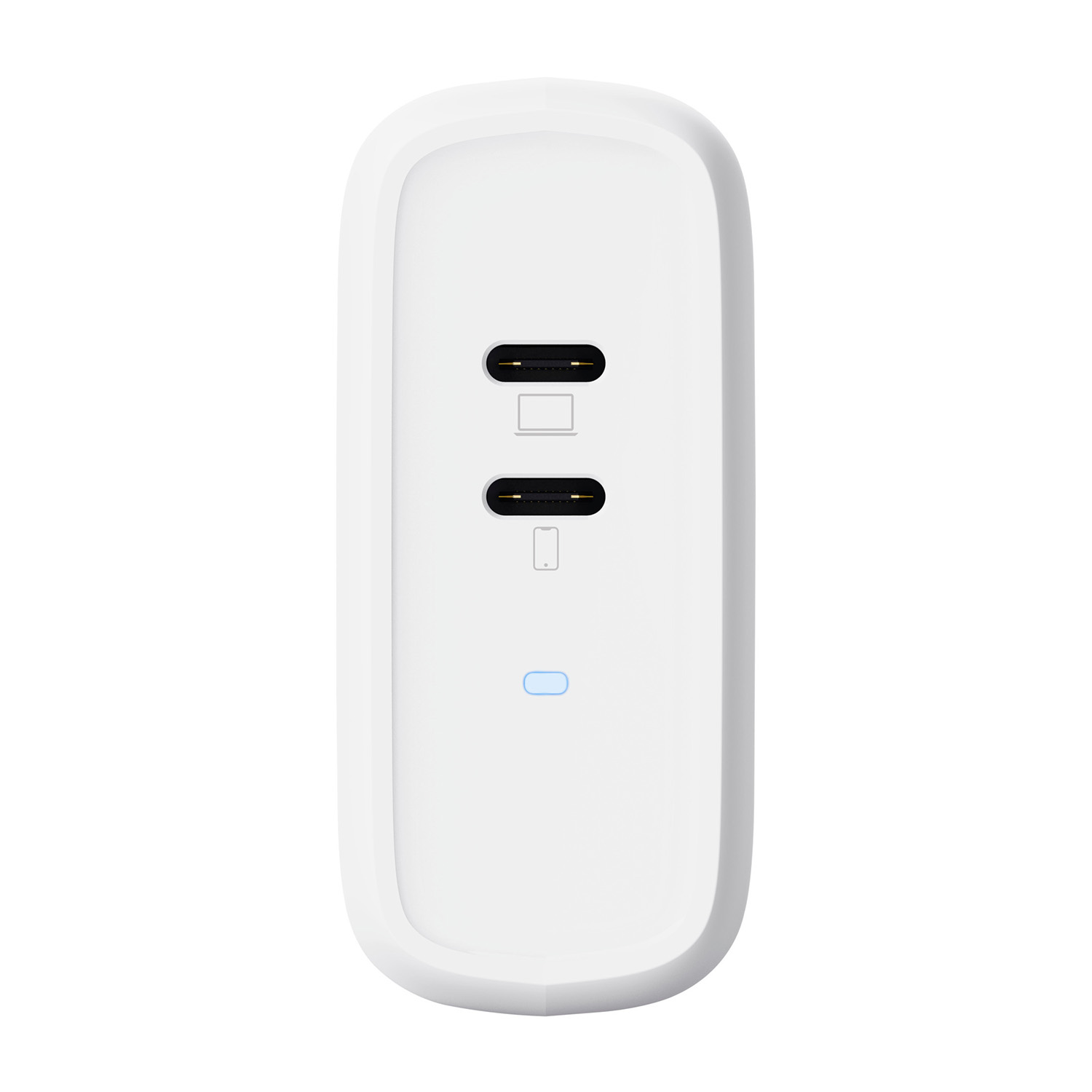 Caricabatterie USB bianco con due porte USB-C e indicatore luminoso blu, design pulito.