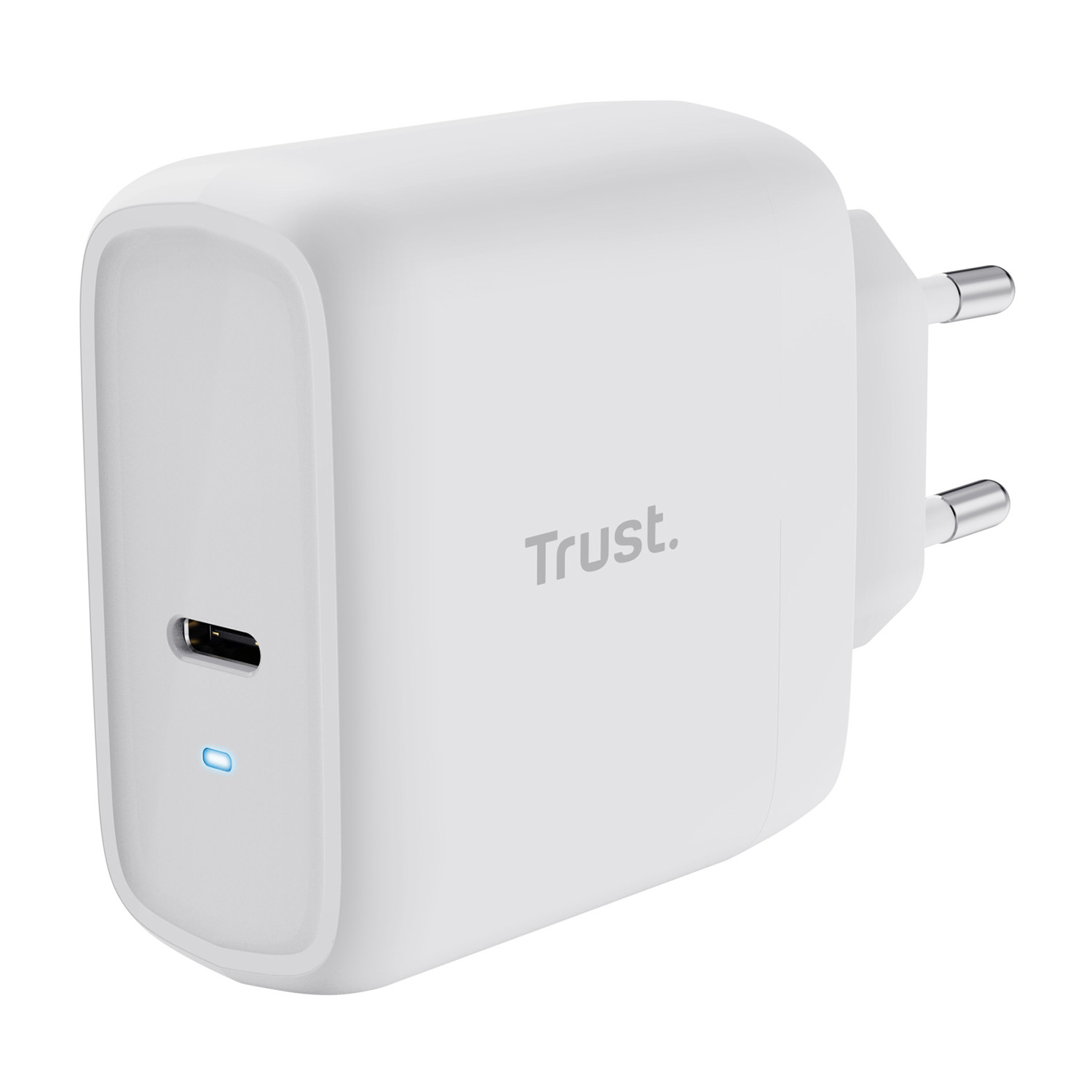 Adattatore di ricarica bianco con porta USB-C. Ha un logo Trust. Design semplice.