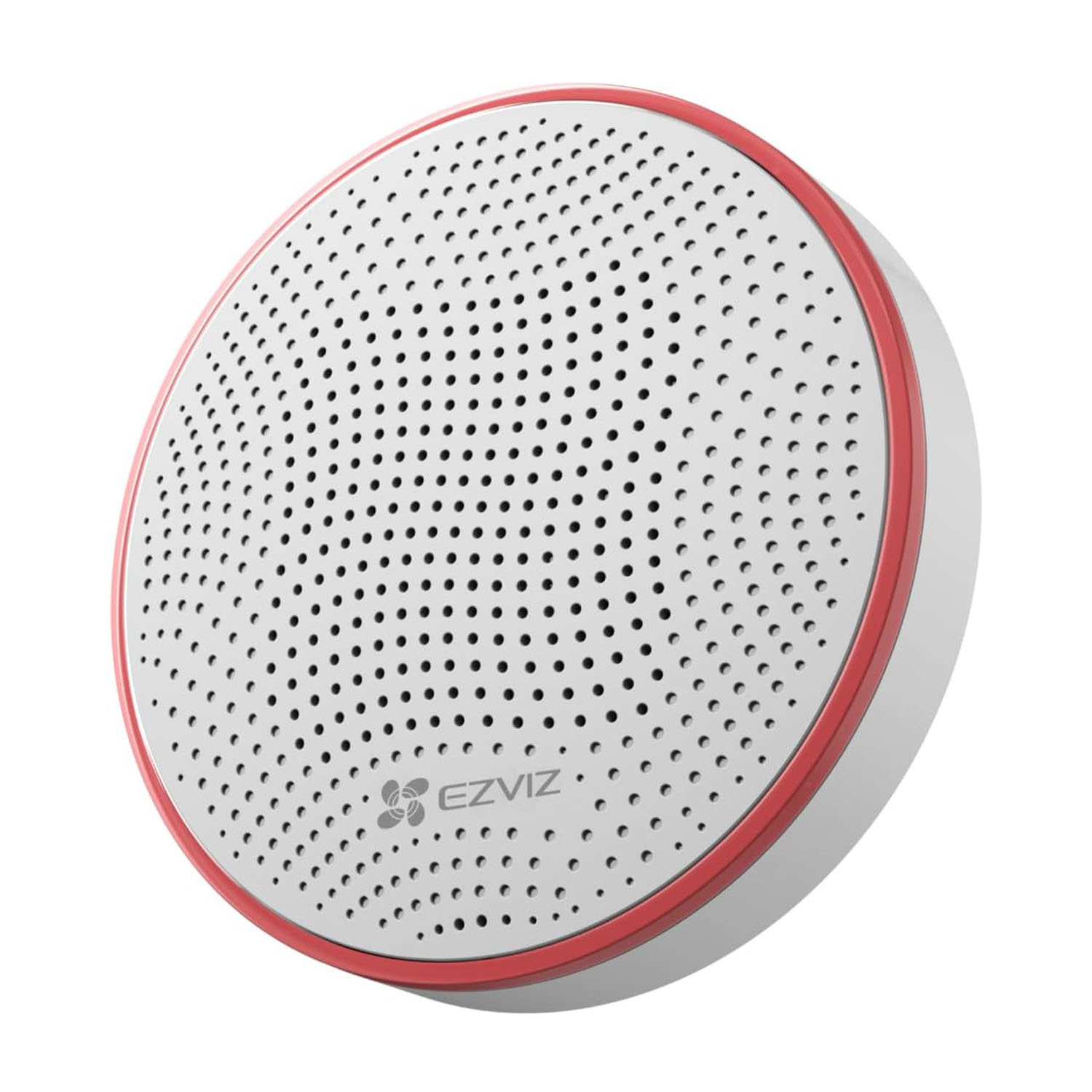 Altoparlante EZVIZ rotondo bianco e rosso con molti fori e il logo EZVIZ.
