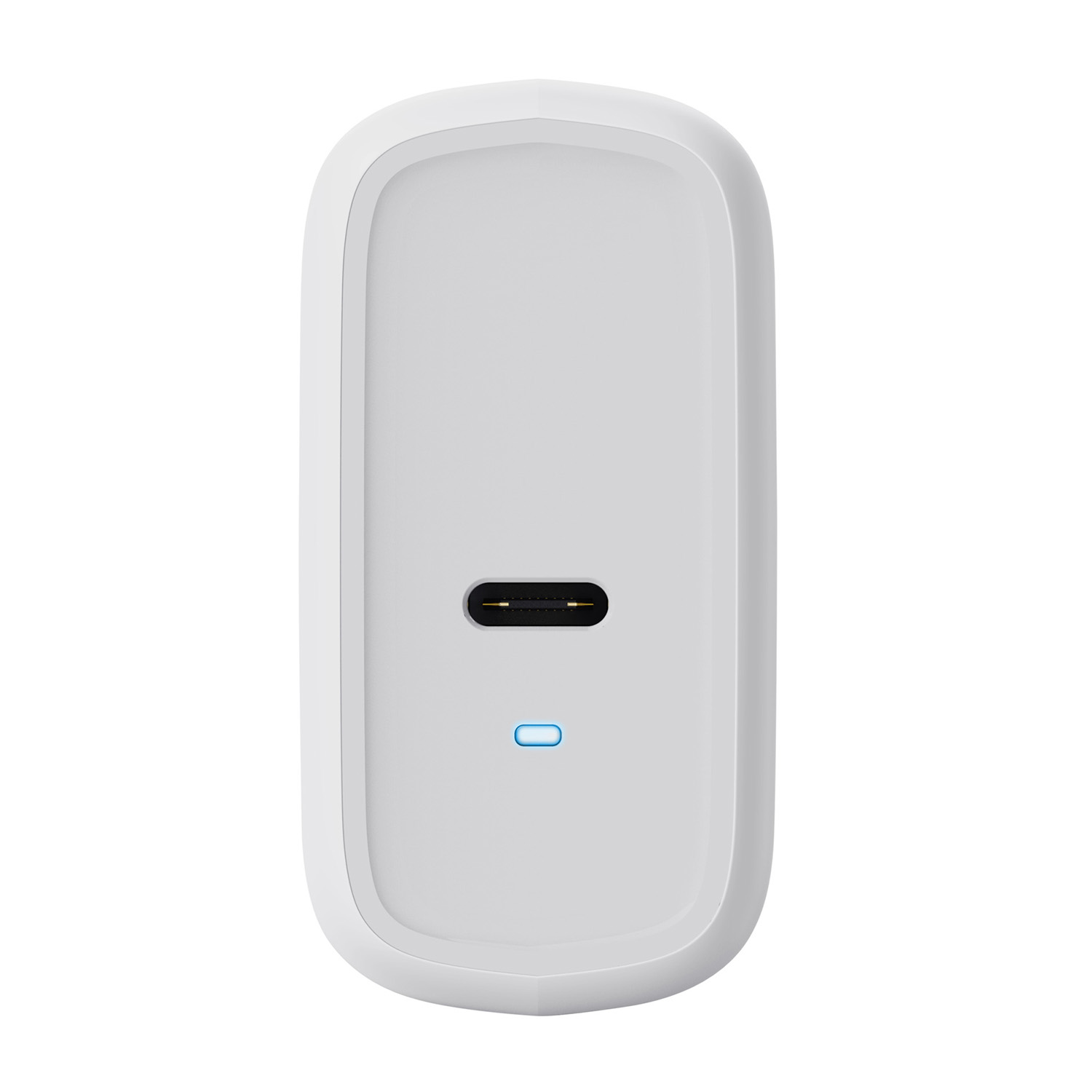 Caricatore bianco con porta USB-C e spia blu.