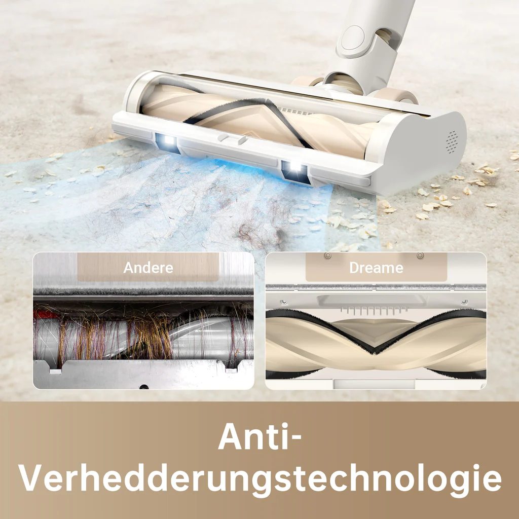 Tête d'aspirateur nettoyant un tapis. Deux sections montrent les cheveux et les débris collectés.