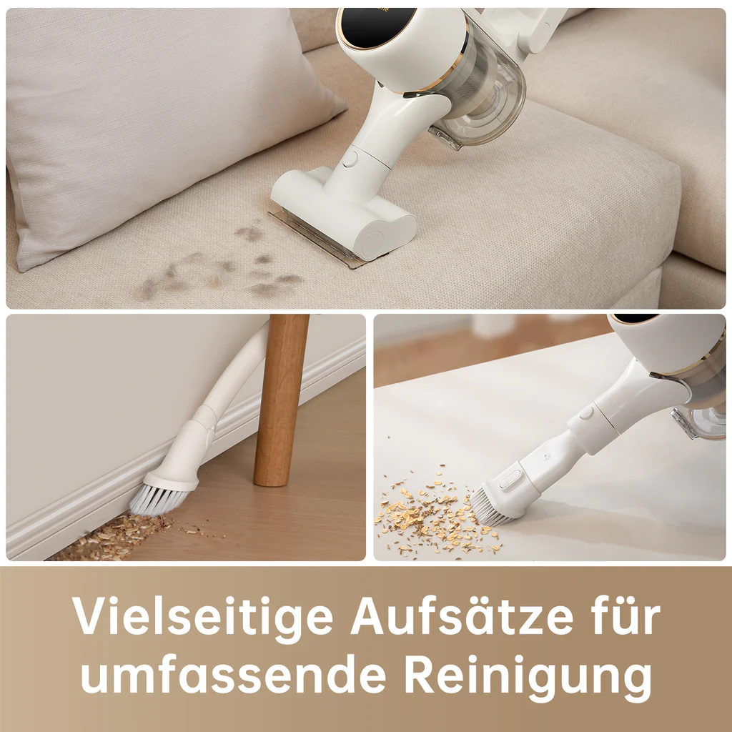 Aspirateur blanc, nettoyant diverses surfaces, multiples accessoires.