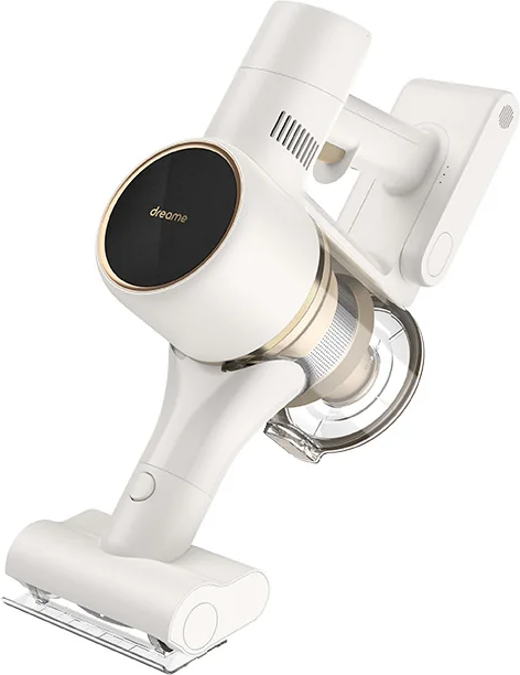 Aspirateur sans fil blanc avec des accents dorés, vue en angle.