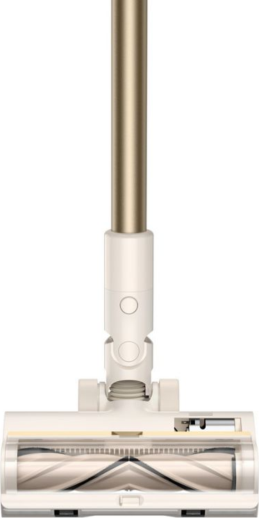 Gros plan d'un aspirateur sans fil blanc et doré.