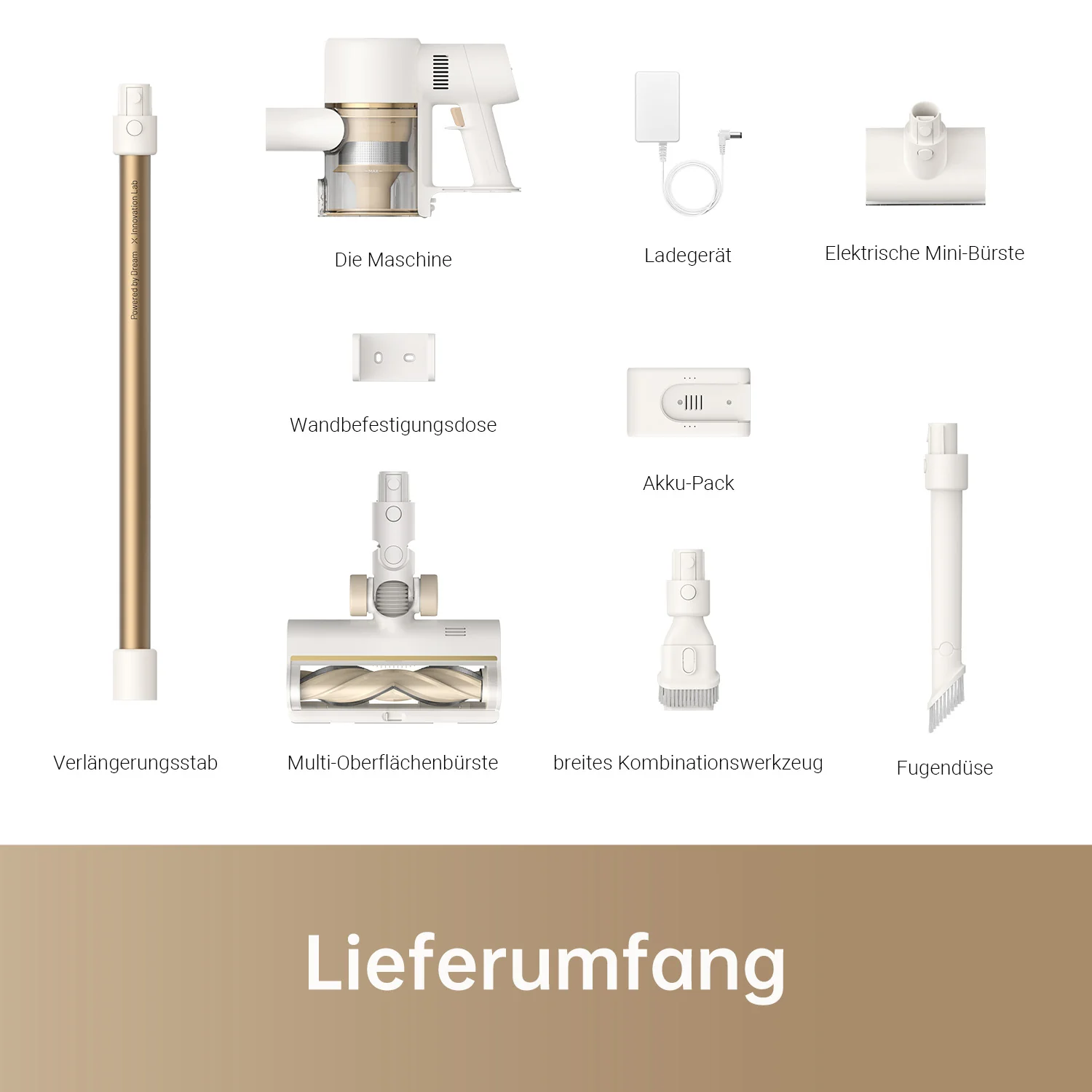 Diverses pièces d'un aspirateur sans fil blanc et doré, étiquetées avec des descriptions allemandes.