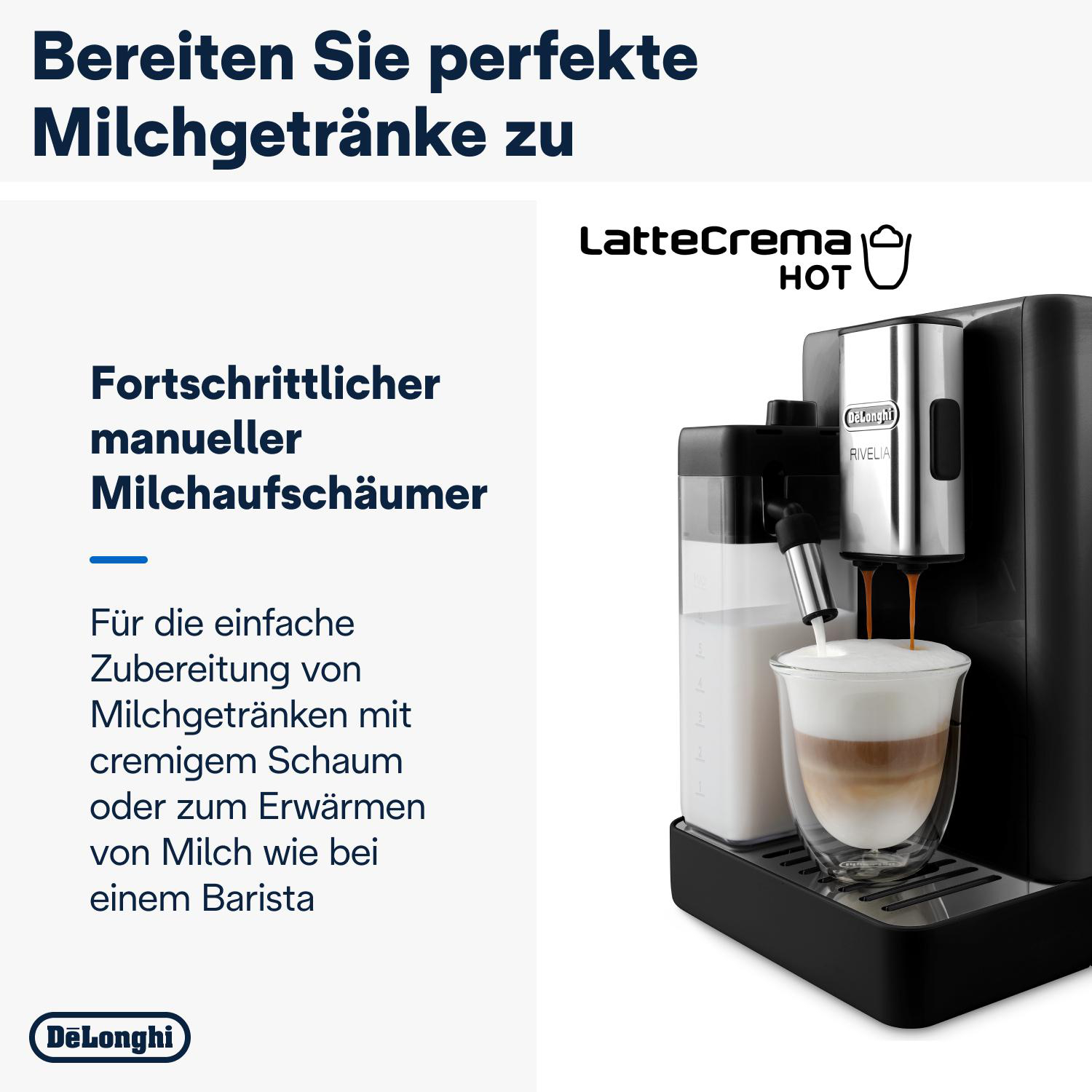 Espressomaschine mit Milchaufschäumer. Glas mit Milch und Schaum. Text links, Markenlogo unten.