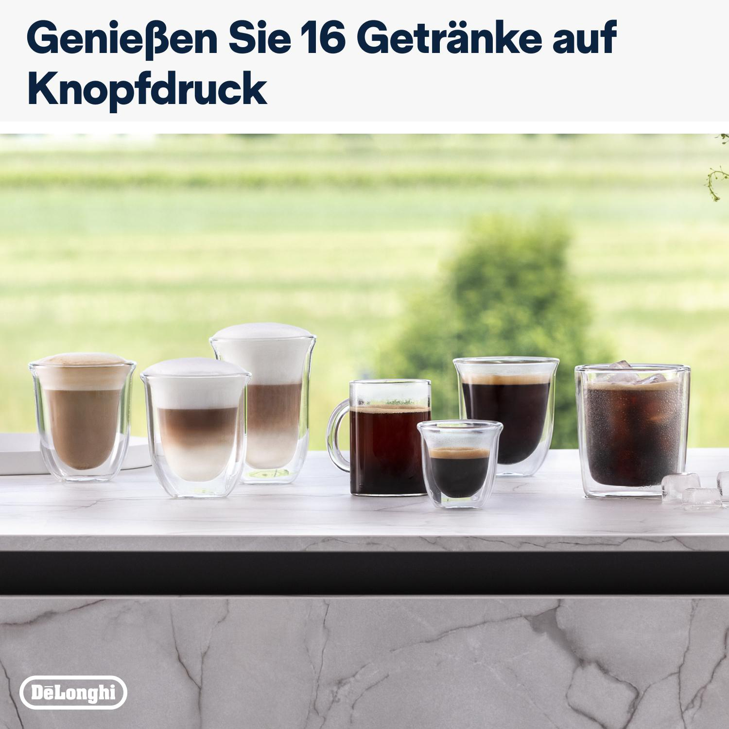 Sieben Kaffeegetränke in Gläsern auf weißer Oberfläche, Text oben, Fensterhintergrund.
