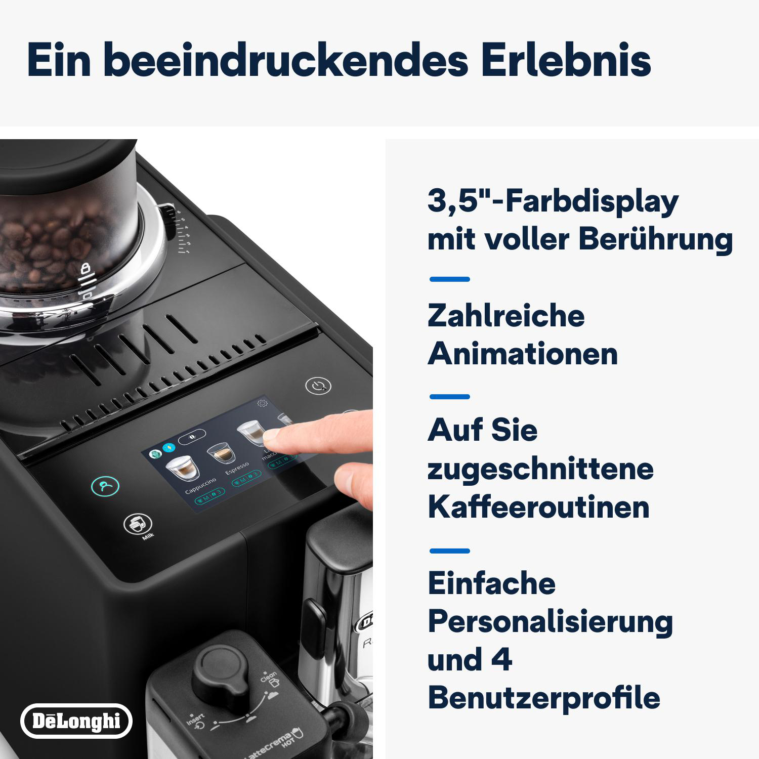 Nahaufnahme einer schwarzen Kaffeemaschine mit Touchscreen.