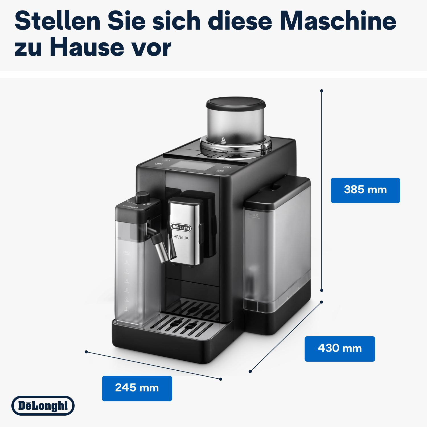 Schwarze Delonghi Kaffeemaschine mit Wassertank, Maße angegeben. Es hat ein silbernes Panel.