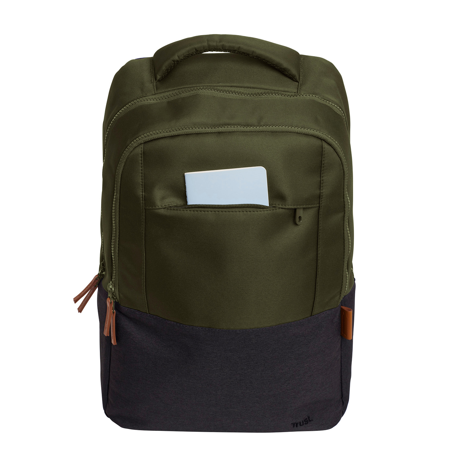 Zaino verde e nero con un laptop nella tasca anteriore, tiretti in pelle marrone.