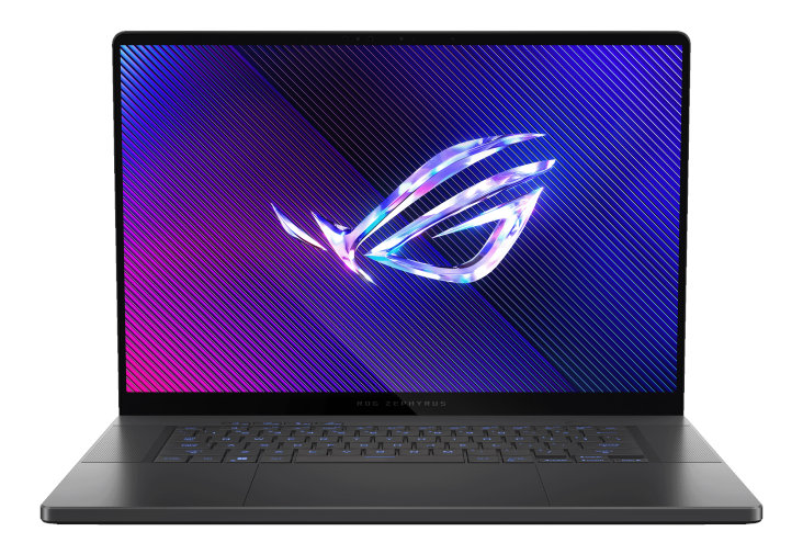 Czarny laptop otwarty na białej powierzchni z logo ROG Zephyrus.