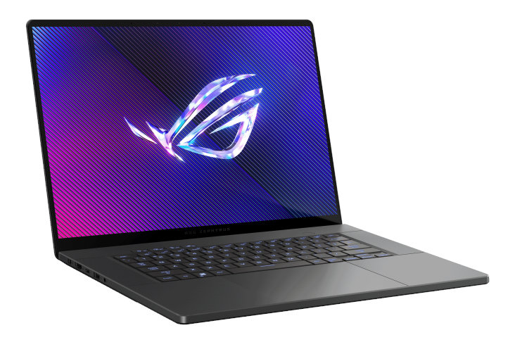 Czarny laptop z podświetlonym logo na ekranie. Widok pod kątem. Tło gradientowe.