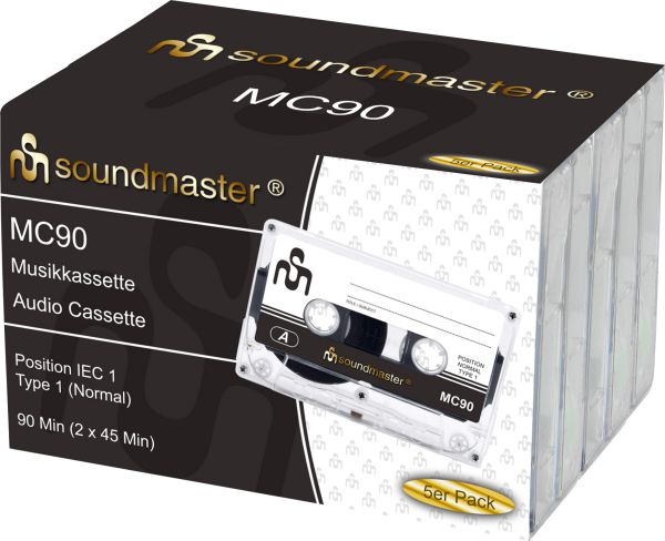 Kassettenbänder in einer Box mit der Bezeichnung "MC90" und "soundmaster".