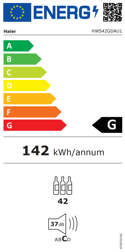 Energia címke egy Haier borkészítőhöz. A-tól G-ig terjedő besorolásokat mutat. 142 kWh/év. Palackok ikonja is látható.