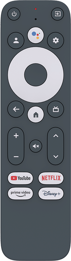 Télécommande grise avec plusieurs boutons, dont YouTube et Netflix.