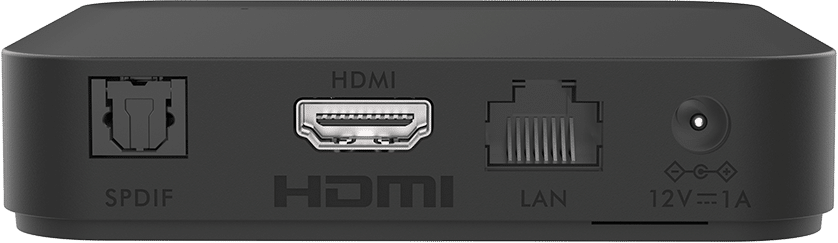 Gros plan de l'arrière d'un lecteur multimédia noir. Ports : SPDIF, HDMI, LAN et alimentation 12V.