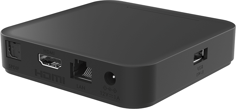 Appareil de streaming multimédia noir avec ports : HDMI, LAN, USB et SPDIF.