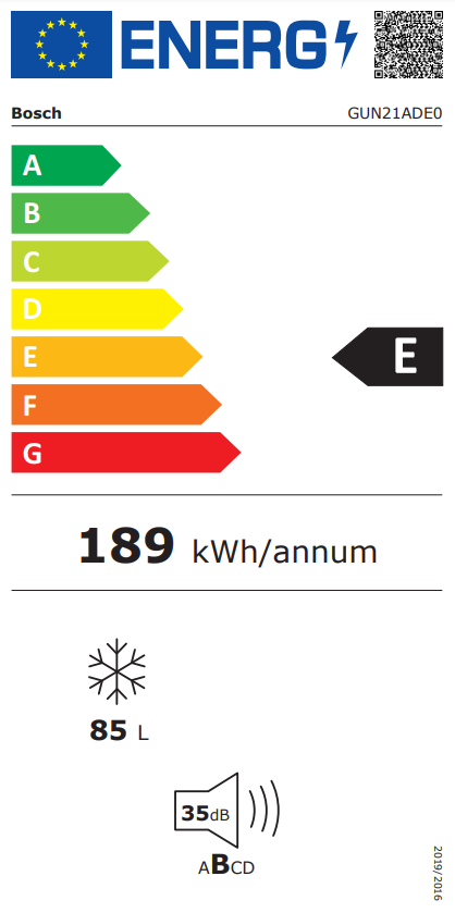 Egy Bosch készülék energiacímkéje, amely az energiahatékonyságot és egyéb részleteket mutatja.