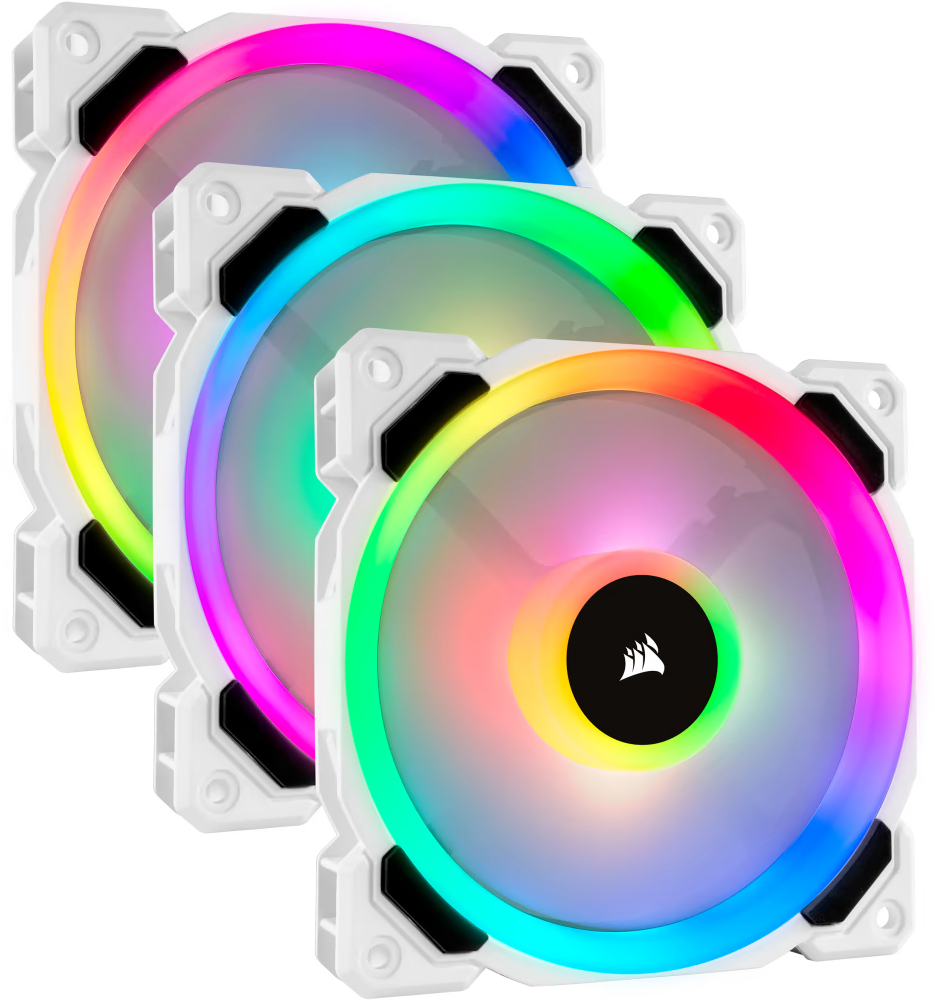 Drei weiße Computerlüfter mit bunten, regenbogenartigen Lichtern.
