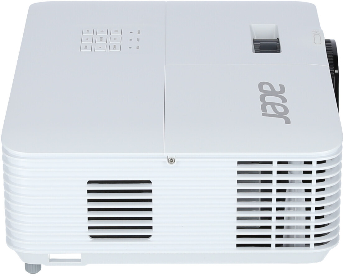 Fehér Acer projektor, felülnézet, gombokkal és Acer logóval.