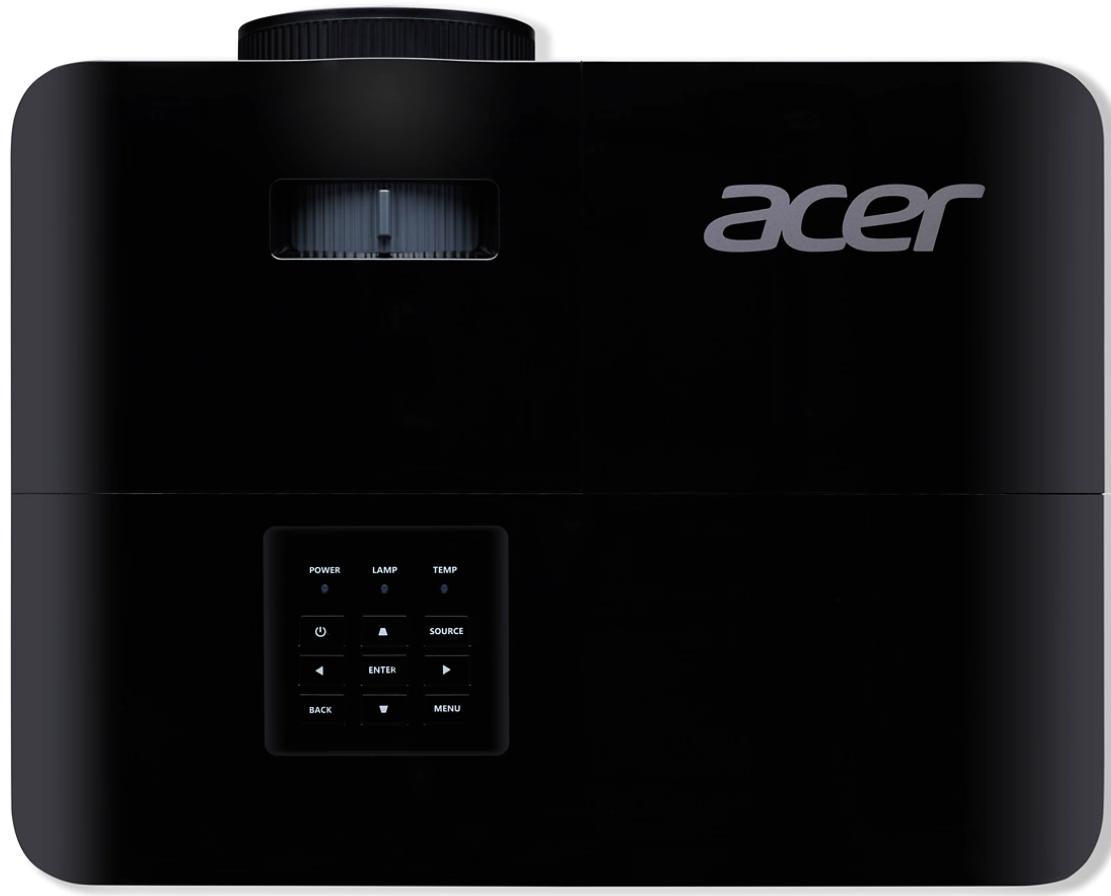 Egy fekete Acer projektor vezérlőgombokkal és az Acer logóval az elején.