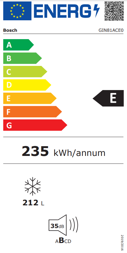 Energia címke egy Bosch hűtőszekrényhez, mely energiahatékonyságot, fogyasztási adatokat és zajszintet mutat.