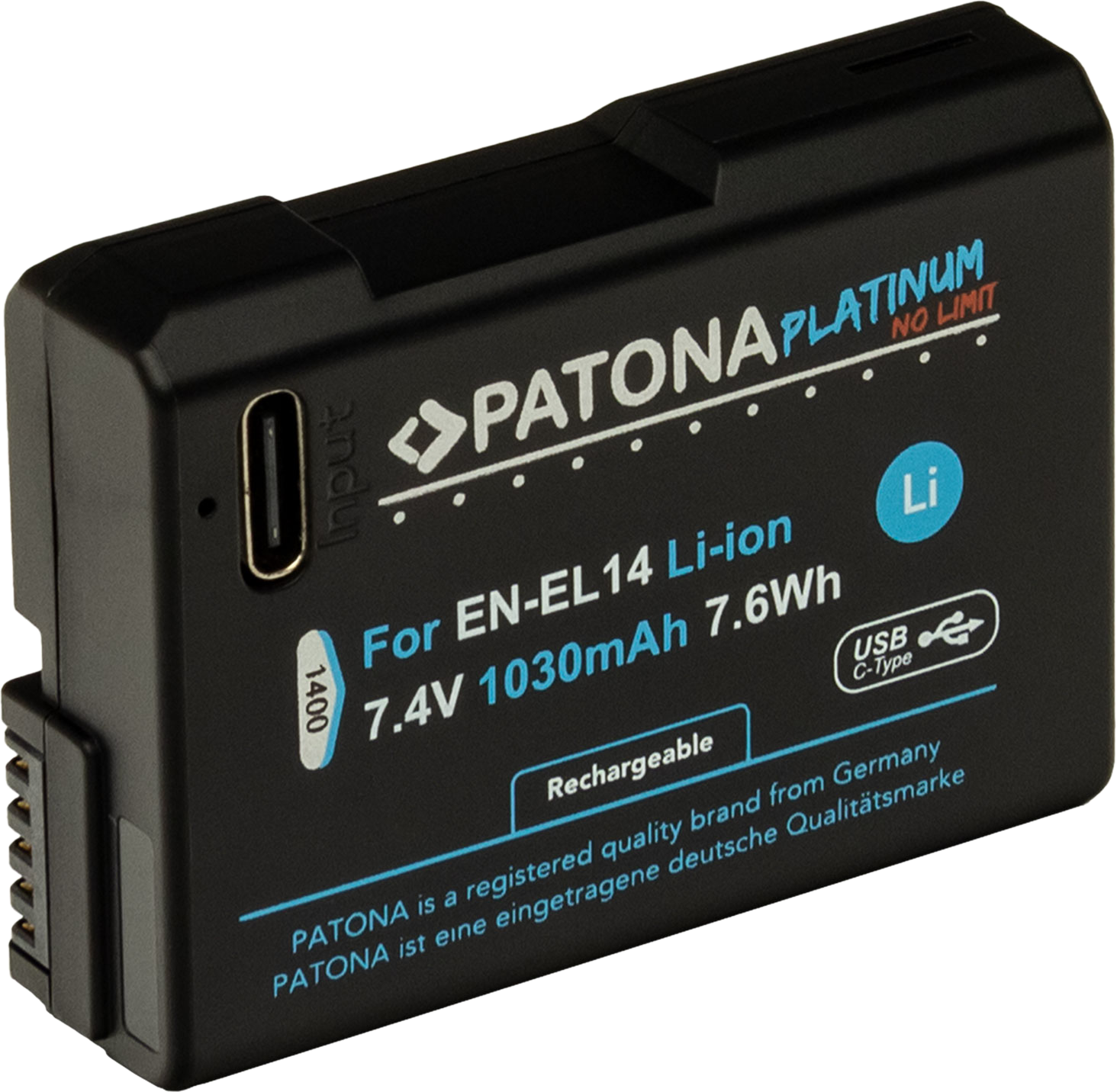 Schwarze Patona Platinum Batterie, USB- und Anschlussports, Textetikett.