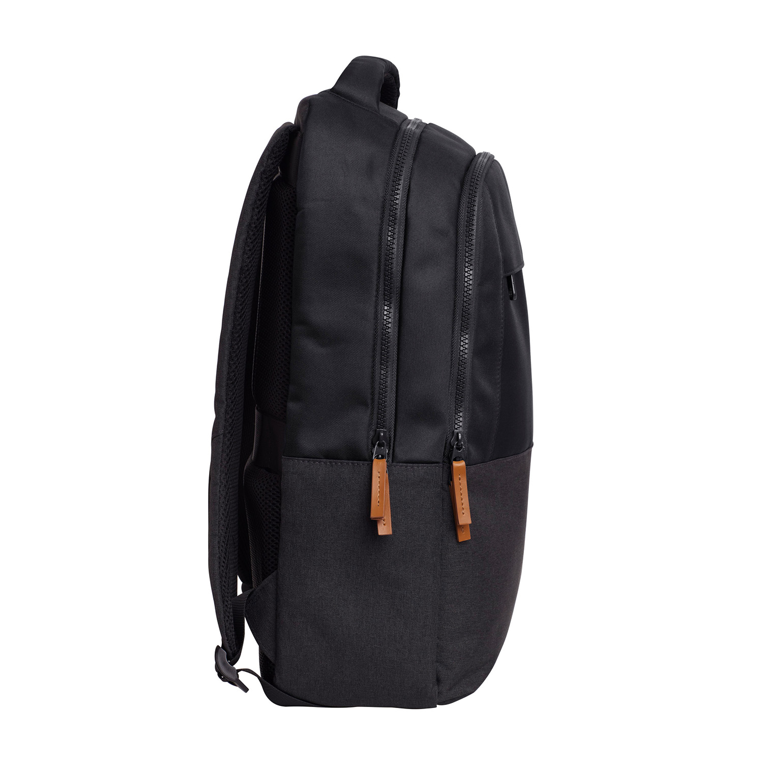 Zaino nero con due cerniere, tiretti marroni e design nero e grigio.
