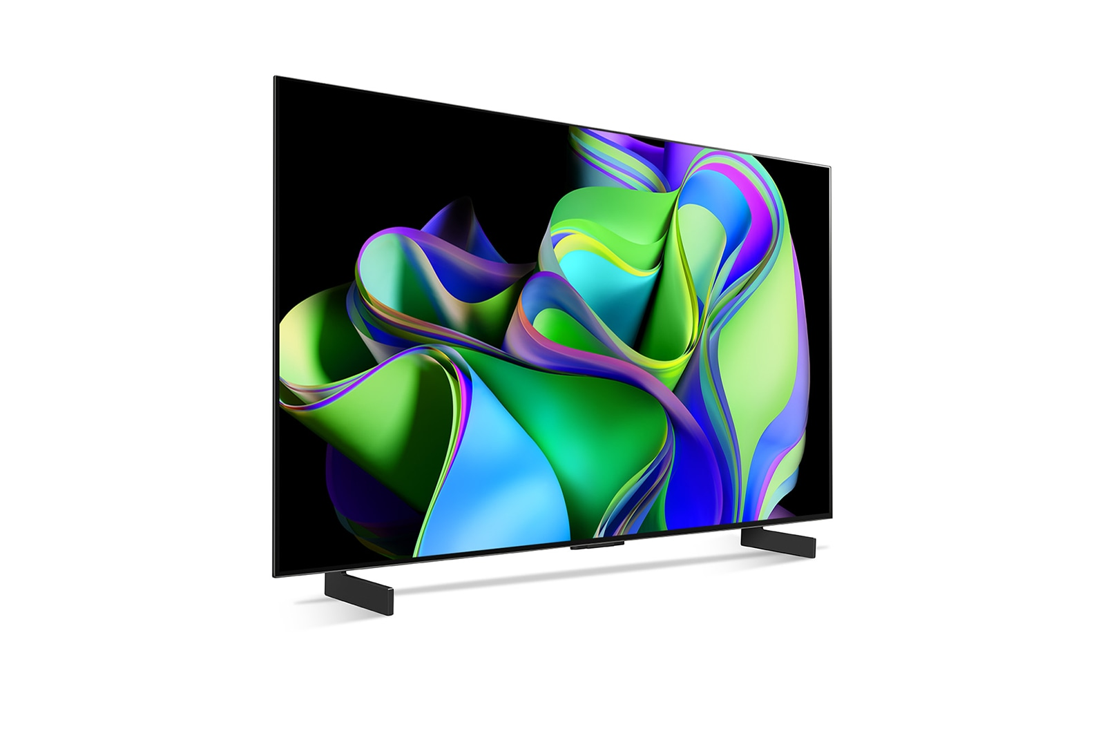 Grand téléviseur OLED LG incurvé avec une image abstraite colorée sur l'écran.