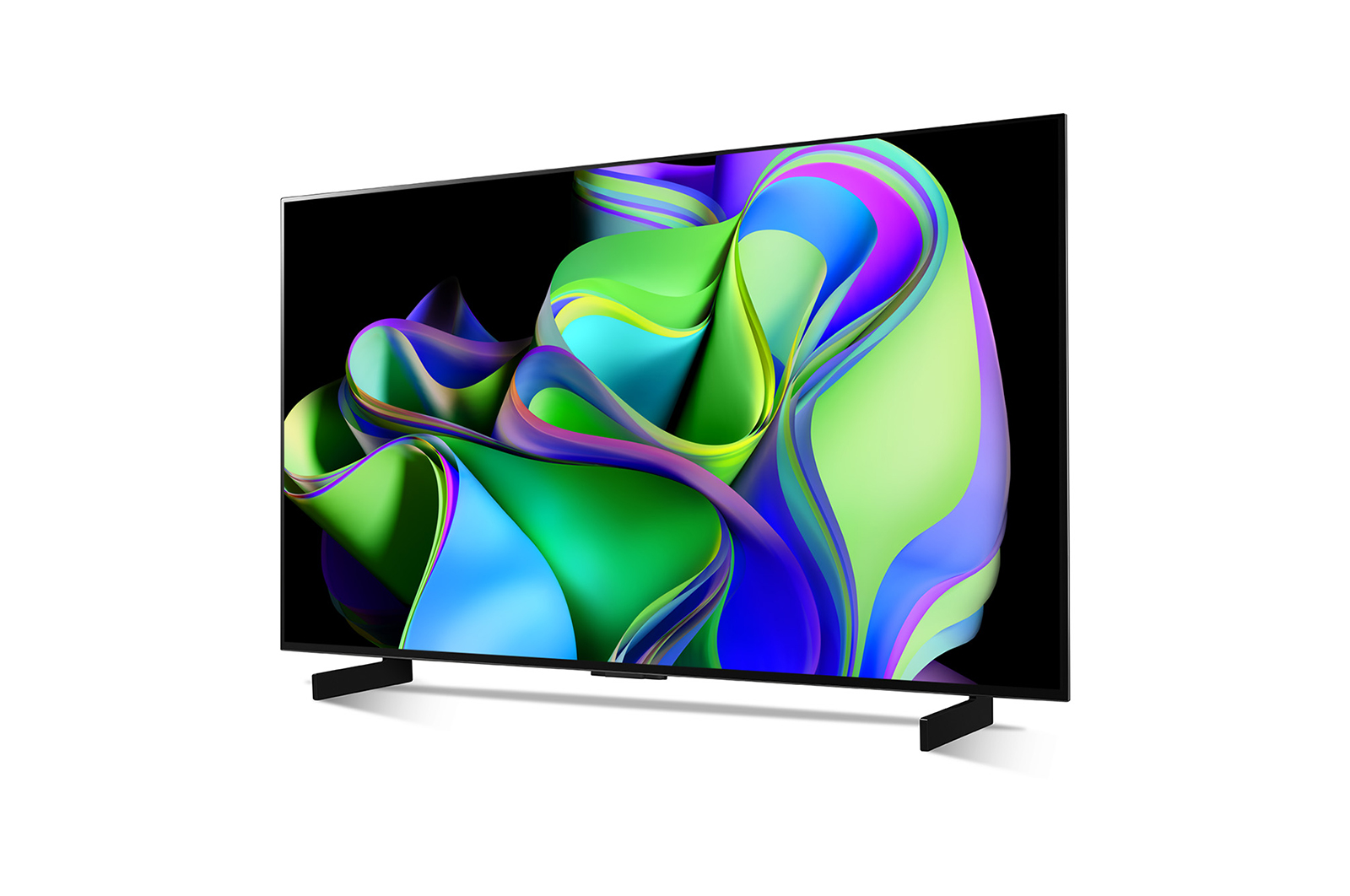 Une télévision moderne sur pied, affichant de l'art abstrait coloré.