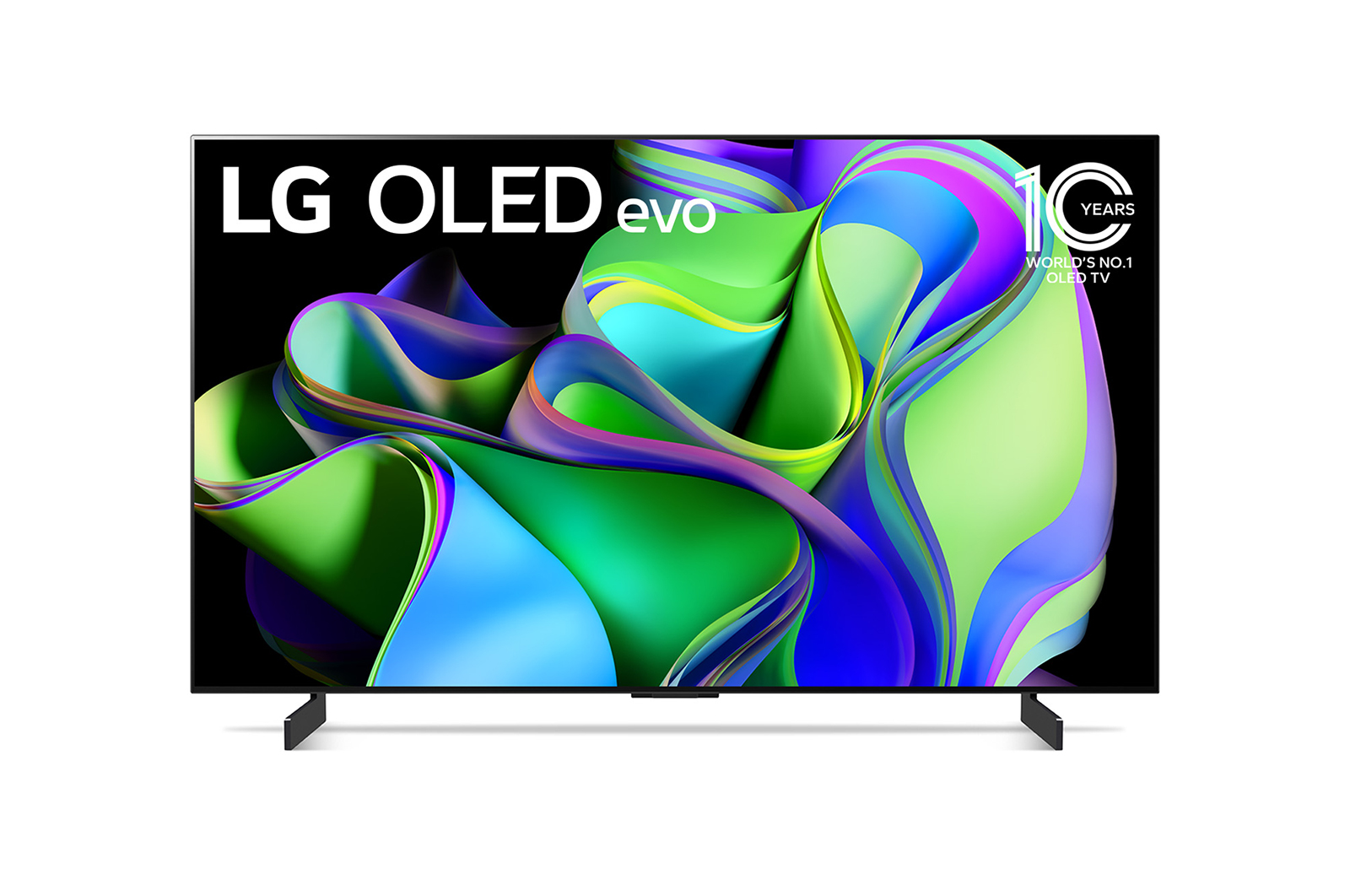 TV LG OLED evo avec affichage coloré. Cadre noir, socle noir et fond blanc. Texte : 10 ans.