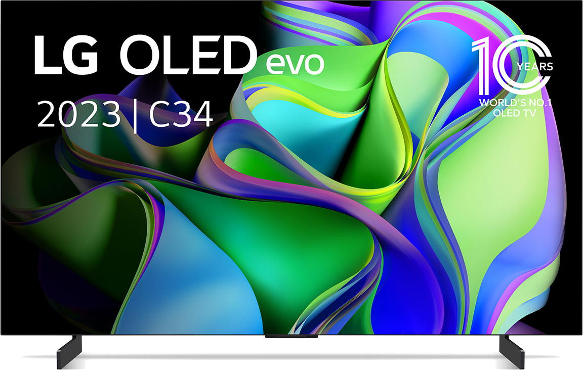 TV LG OLED evo avec fond abstrait coloré et texte. '10 ans' et '2023 | C34' sont visibles.