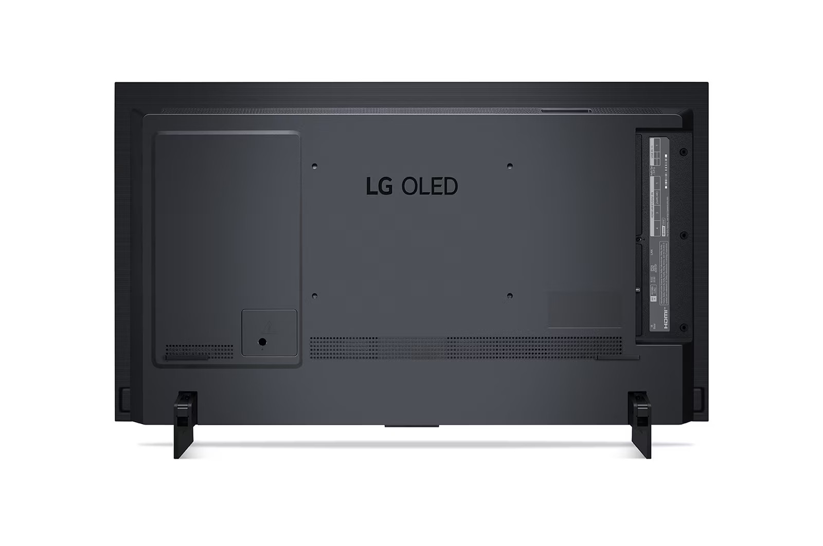 L'arrière d'un téléviseur LG OLED noir, avec ses pieds de support visibles.