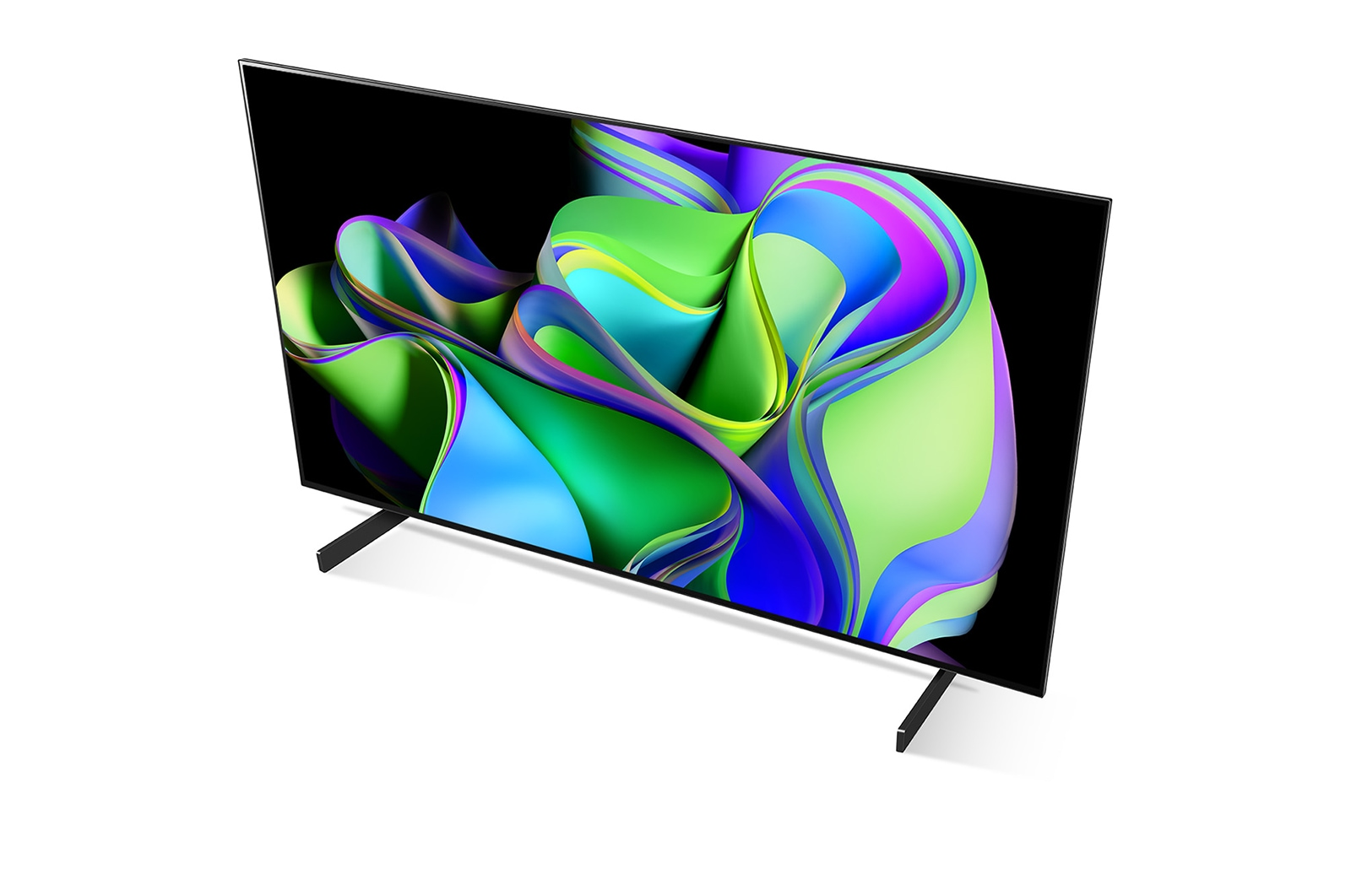 Un téléviseur avec un design abstrait et coloré sur l'écran, avec des supports noirs.