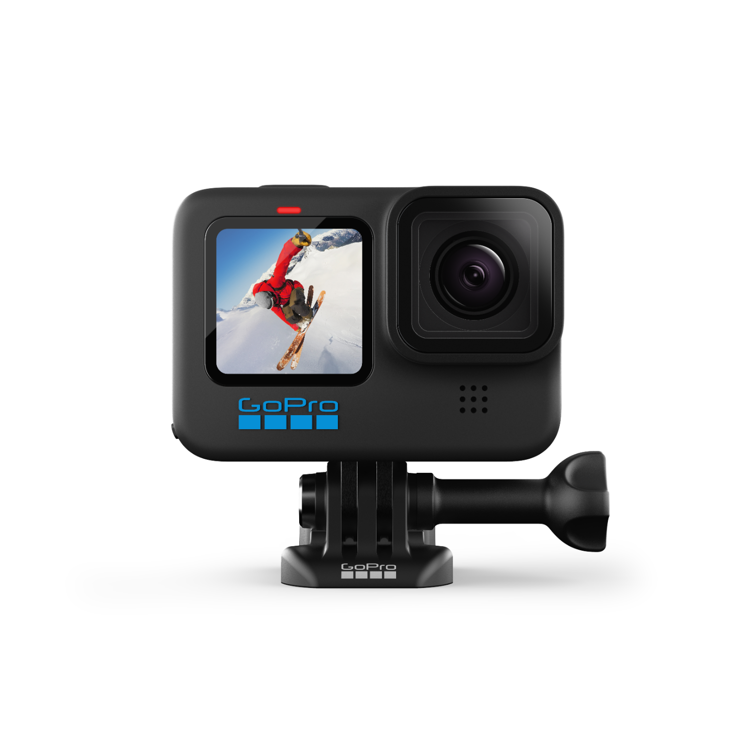 Zwarte GoPro-camera. Toont een skiër op het scherm. Bevestigde houder. Zwarte achtergrond.