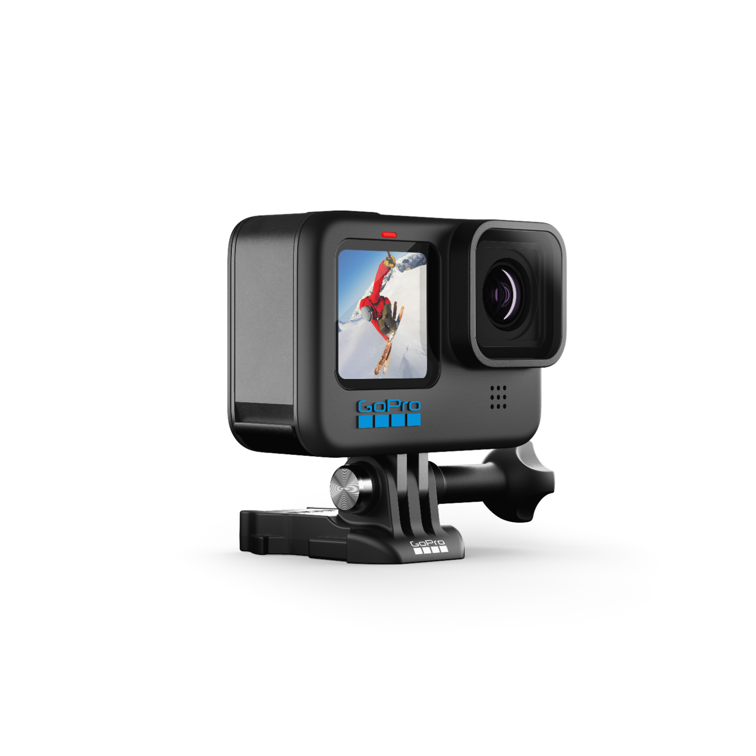 Zwarte GoPro-actiecamera, lens naar voren gericht, met een scherm dat een skiër toont.