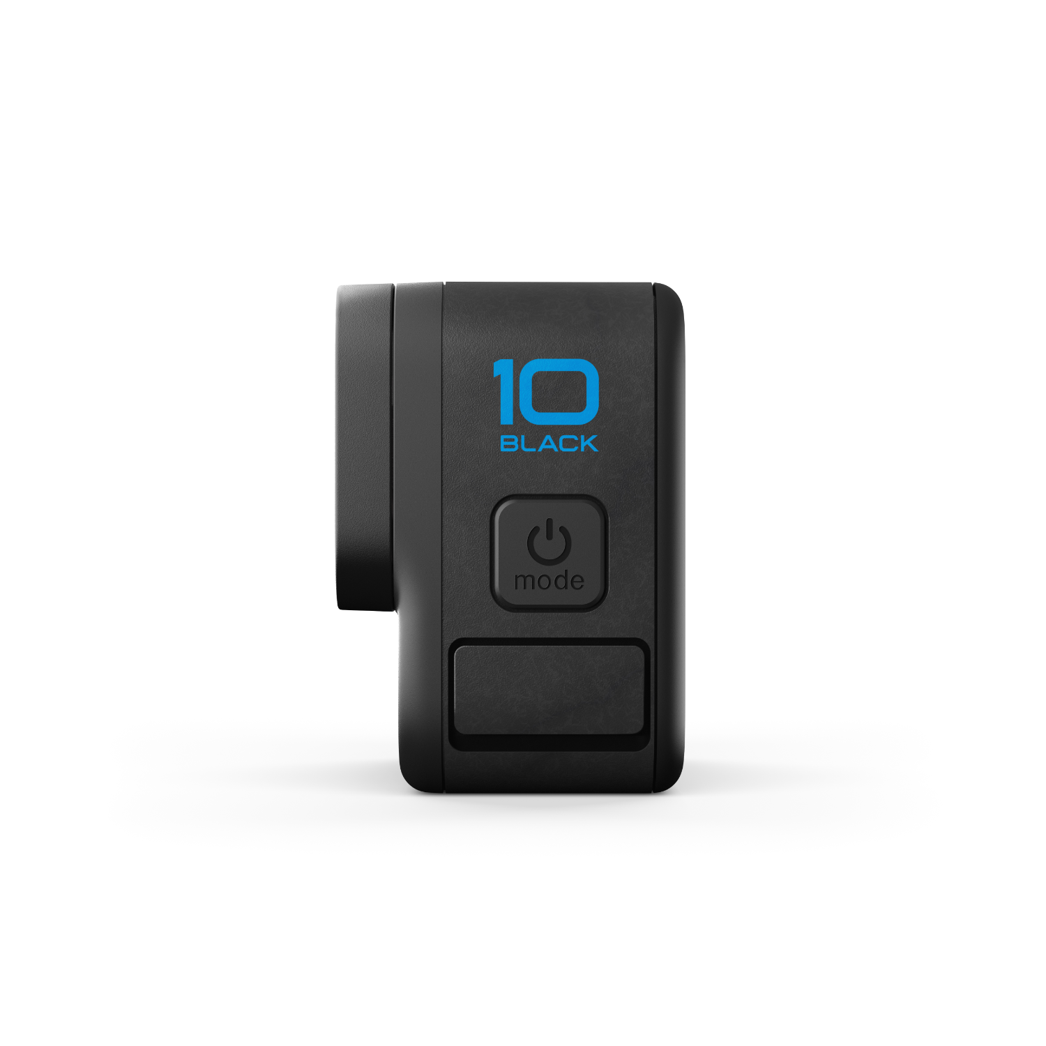 Een zwarte GoPro 10 Black action camera met een modusknop.