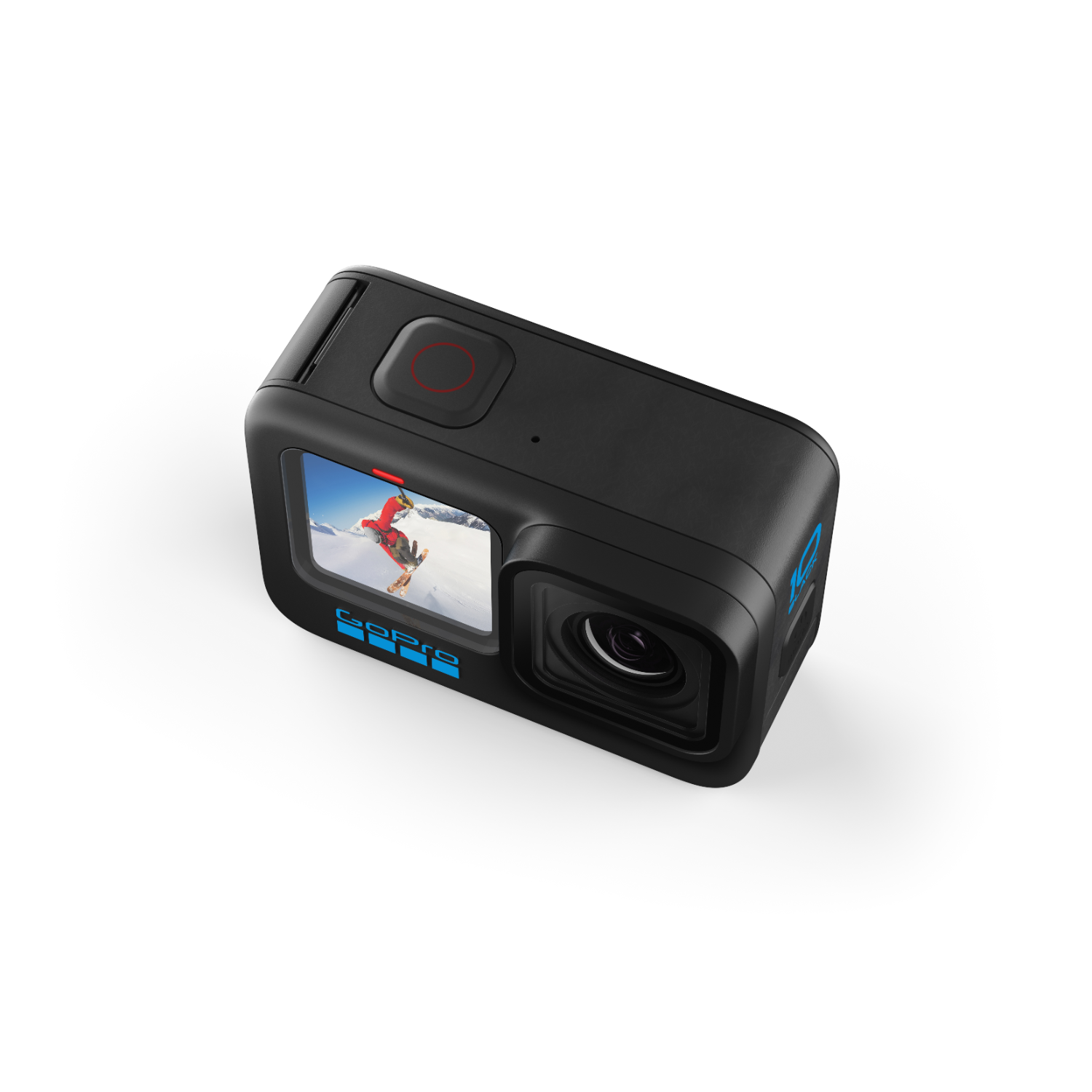 Zwarte GoPro camera. Schuine weergave. Scherm toont een skiër. Blauw GoPro logo.