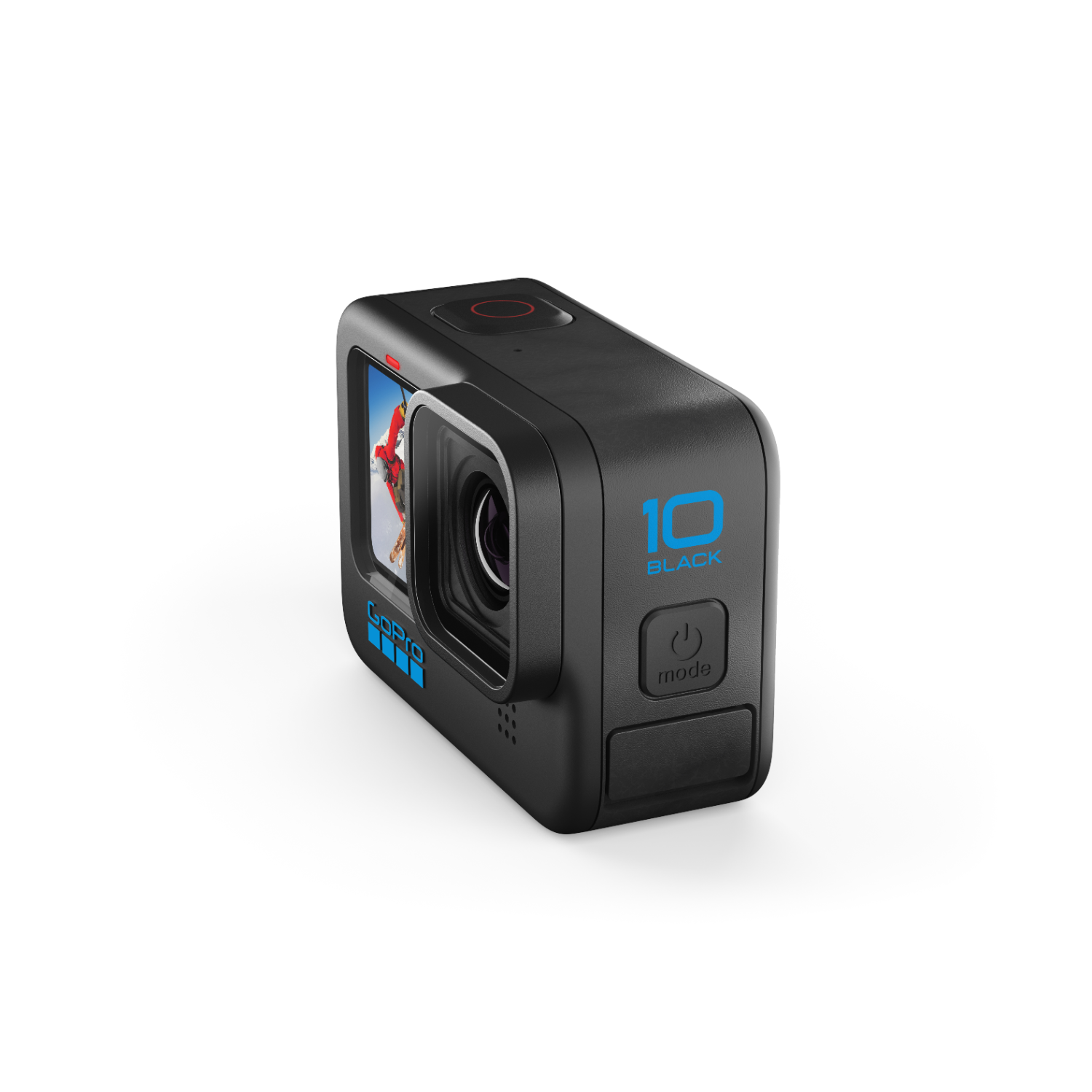 Zwarte GoPro-camera met een scherm met een afbeelding.
