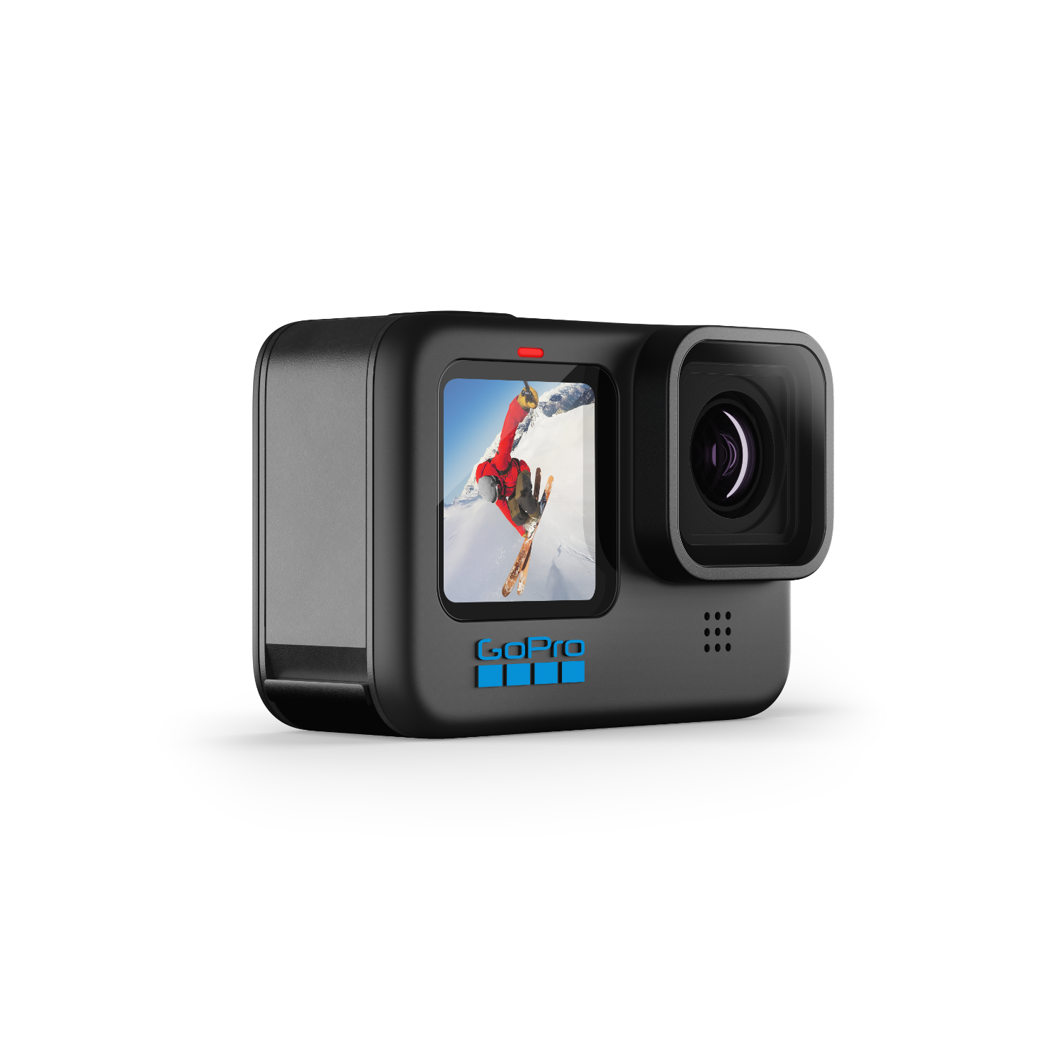 GoPro-camera, schuine weergave, zwart met GoPro-logo.