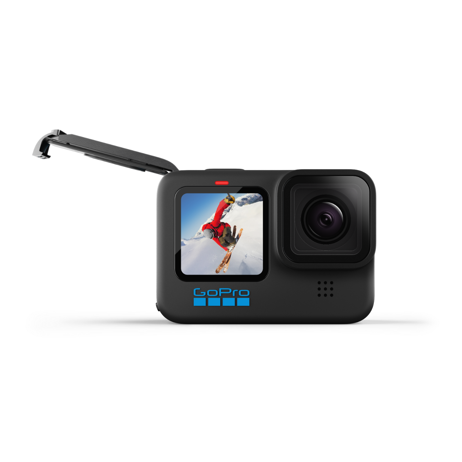 Een zwarte GoPro-camera met een scherm dat een skiër, een rood lampje en het GoPro-logo weergeeft.