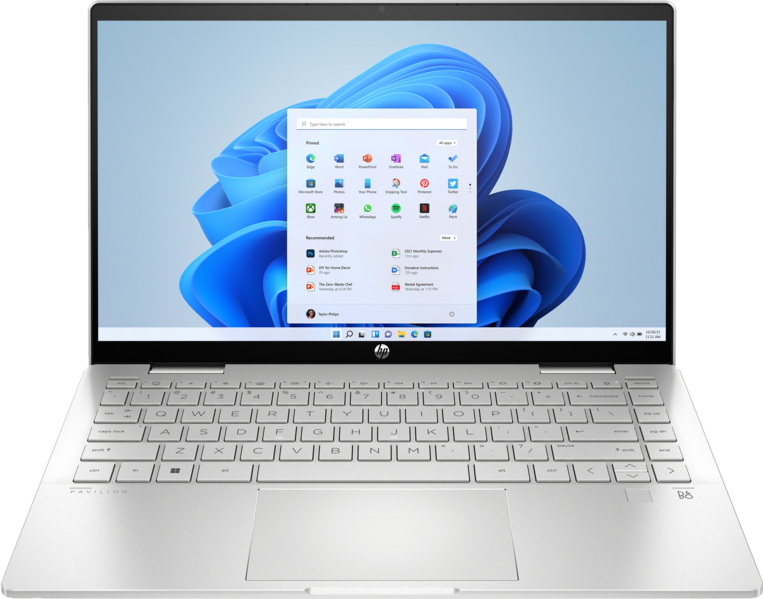 Ezüst HP Pavilion laptop, Windows 11 felülettel a képernyőn.