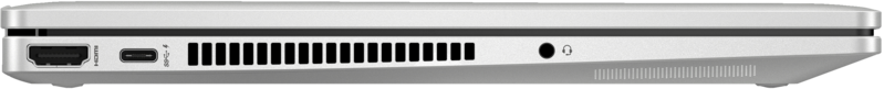 Egy ezüst laptop oldalsó nézete, amely a portokat és a szellőzőnyílásokat mutatja. HDMI, USB-C és fejhallgató-csatlakozó látható.