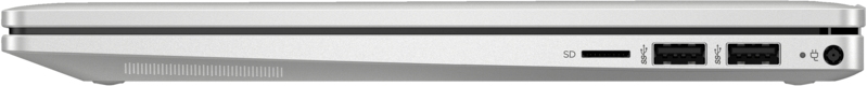 Egy fehér laptop oldalsó nézete. Portok: SD-kártya nyílás, USB, USB és egy tápcsatlakozó.